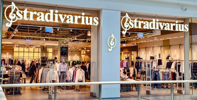 POZNAN, POL - FEB 16, 2024: Front entrance to Stradivarius store in Poznan shopping mall