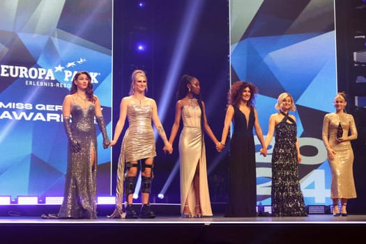 The candidates are eagerly awaiting the result,on the right in the picture last year's winner,Miss Germany 2023,Kira Geiss Stuttgart at the Miss Germany Awards 2024 - Europapark Rust - The final at Europapark Rust - On Saturday,04 March 2023,the title "Miss Germany"" was awarded for the 20th time in Europapark. 900 guests attended the proclamation at the DOME,and more than 100 media representatives from the press,radio and television were accredited."