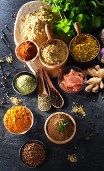 Composition with assortment of spices and herbs.