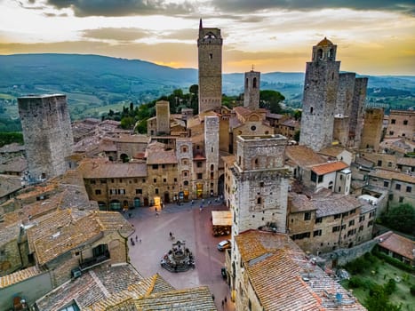Aerial view of San Gimignano, a walled medieval hill town in the province of Siena, Tuscany, Italy