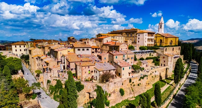 Aerial view of Pienza, a town in the province of Siena, Tuscany, in the historical region of Val d'Orcia, Italy. UNESCO World Heritage Site