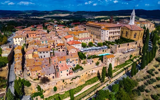Aerial view of Pienza, a town in the province of Siena, Tuscany, in the historical region of Val d'Orcia, Italy. UNESCO World Heritage Site
