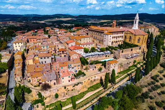 Aerial view of Pienza, a town in the province of Siena, Tuscany, in the historical region of Val d'Orcia, Italy. UNESCO World Heritage Site