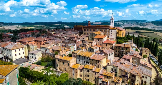 Aerial view of Pienza, a town in the province of Siena, Tuscany, in the historical region of Val d'Orcia, Italy. UNESCO World Heritage Site