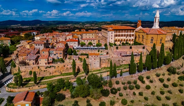 Aerial view of Pienza, a town in the province of Siena, Tuscany, in the historical region of Val d'Orcia, Italy. UNESCO World Heritage Site