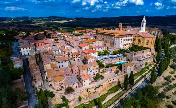 Aerial view of Pienza, a town in the province of Siena, Tuscany, in the historical region of Val d'Orcia, Italy. UNESCO World Heritage Site