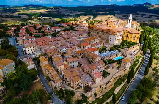 Aerial view of Pienza, a town in the province of Siena, Tuscany, in the historical region of Val d'Orcia, Italy. UNESCO World Heritage Site