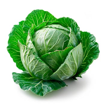 Heads of young cabbage with leaves close-up. Eco food concept, white isolated background AI generated image