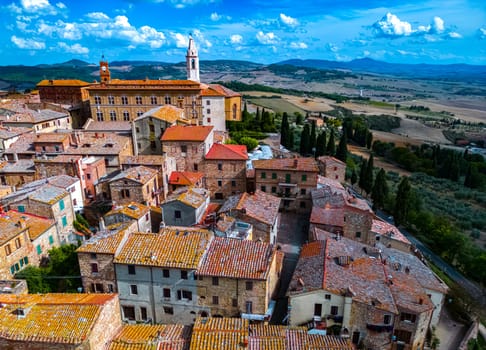 Aerial view of Pienza, a town in the province of Siena, Tuscany, in the historical region of Val d'Orcia, Italy. UNESCO World Heritage Site