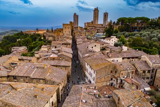Aerial view of San Gimignano, a walled medieval hill town in the province of Siena, Tuscany, Italy