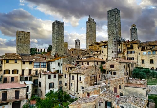Aerial view of San Gimignano, a walled medieval hill town in the province of Siena, Tuscany, Italy