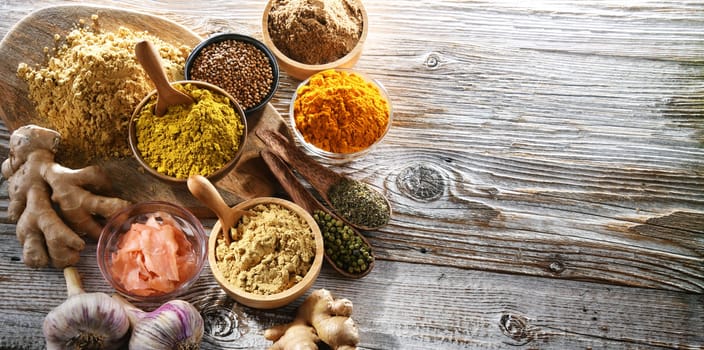 Composition with assortment of spices and herbs.