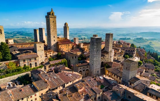 Aerial view of San Gimignano, a walled medieval hill town in the province of Siena, Tuscany, Italy