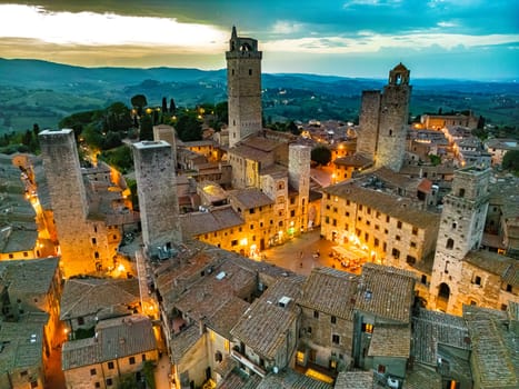 Aerial view of San Gimignano, a walled medieval hill town in the province of Siena, Tuscany, Italy