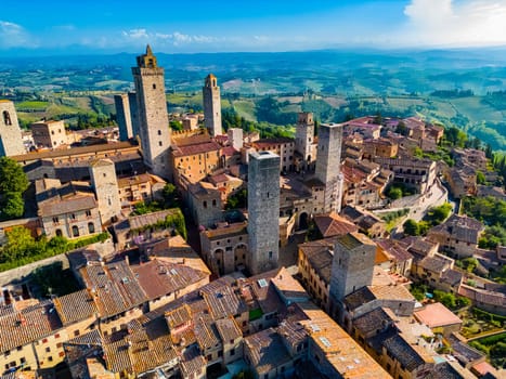 Aerial view of San Gimignano, a walled medieval hill town in the province of Siena, Tuscany, Italy