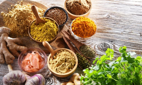 Composition with assortment of spices and herbs.