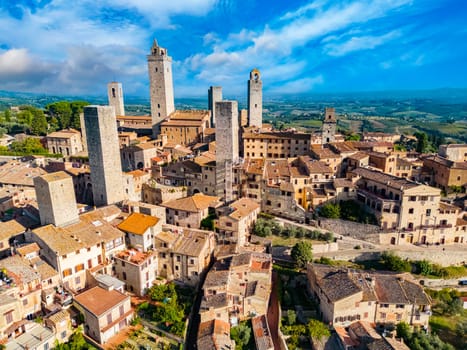 Aerial view of San Gimignano, a walled medieval hill town in the province of Siena, Tuscany, Italy