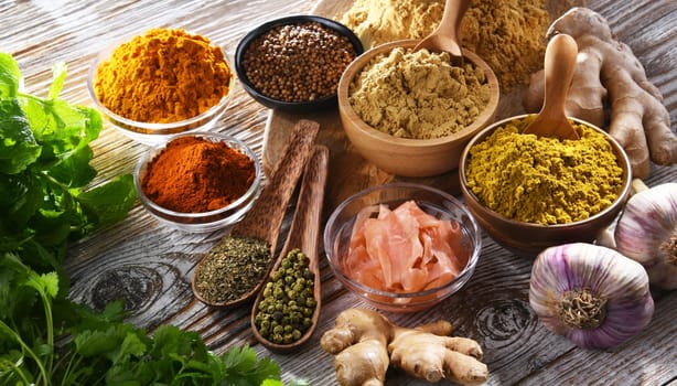 Composition with assortment of spices and herbs.