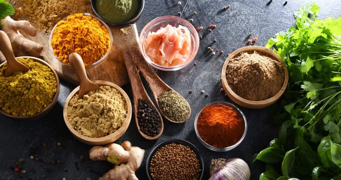 Composition with assortment of spices and herbs.