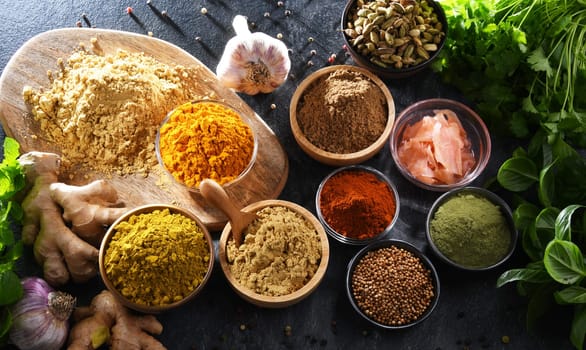 Composition with assortment of spices and herbs.