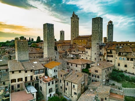 Aerial view of San Gimignano, a walled medieval hill town in the province of Siena, Tuscany, Italy