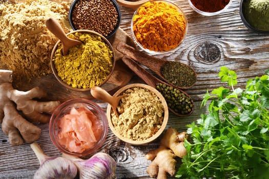 Composition with assortment of spices and herbs.