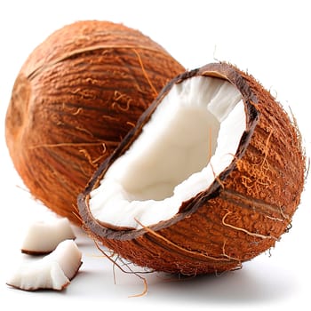 Ripe coconut, coconut pulp, coconut juice, isolated white background AI generated image