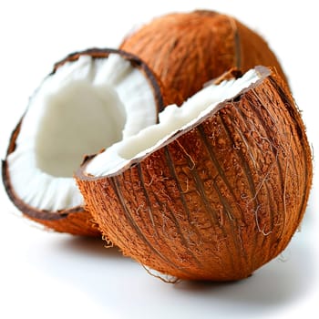 Ripe coconut, coconut pulp, coconut juice, isolated white background AI generated image