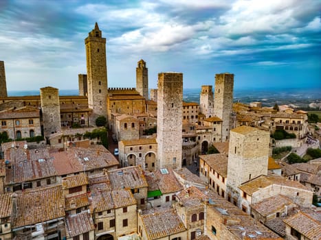Aerial view of San Gimignano, a walled medieval hill town in the province of Siena, Tuscany, Italy