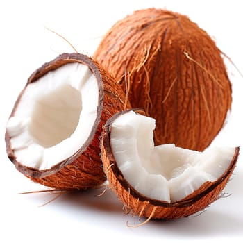 Ripe coconut, coconut pulp, coconut juice, isolated white background AI generated image