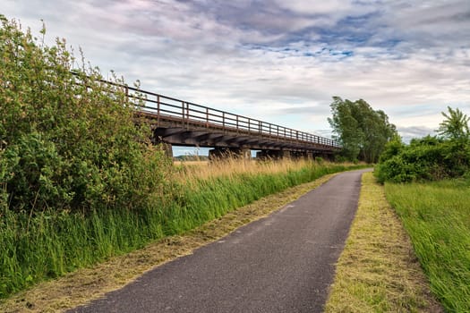 Former Darßbahn train line in Bresewitz, just before the Meiningen Bridge to the Fischland-Darß peninsula, Mecklenburg-Western Pomerania, Germany