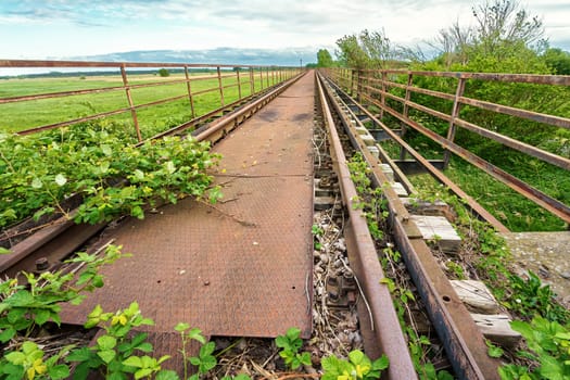 Former Darßbahn train line in Bresewitz, just before the Meiningen Bridge to the Fischland-Darß peninsula, Mecklenburg-Western Pomerania, Germany