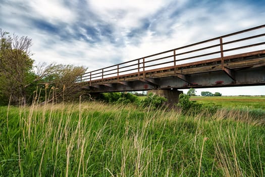 Former Darßbahn train line in Bresewitz, just before the Meiningen Bridge to the Fischland-Darß peninsula, Mecklenburg-Western Pomerania, Germany