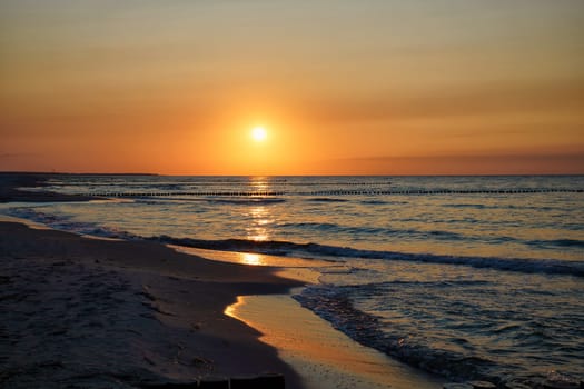 Sunset on the Baltic Sea coast near Zingst, Fischland-Darß, Mecklenburg-Western Pomerania, Germany