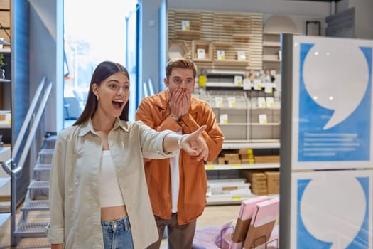 Excited young couple rejoicing seeing great price clearance and discounts at modern furniture shop store department. Shopping with sale, Black Friday or Christmas wholesale concept