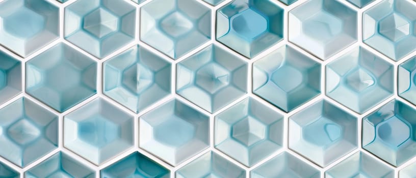 This image radiates elegance with its geometric tiles set against a crisp, light blue background. The refreshing hue and precise patterns create a visually striking and serene ambiance