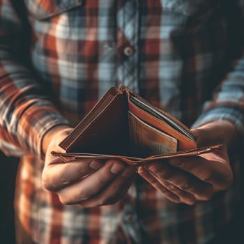 A man in a plaid shirt holds an open empty brown leather wallet. Debt and poverty concept