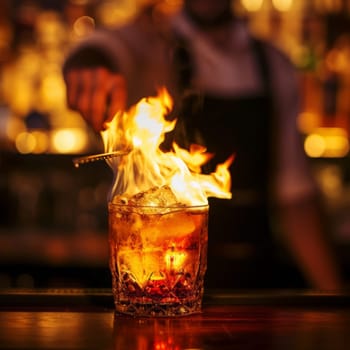 A fiery cocktail in a glass on a bar, with a bartender in the background. The flames create a warm and festive atmosphere