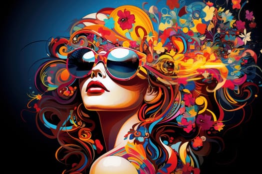 Psychedelic elegance woman with makeup. Female model in colorful outfit and headwear. Generate ai