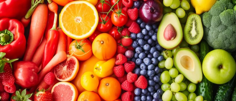 Delicious and healthy food. A bright assortment of fresh, colorful fruits and vegetables close up