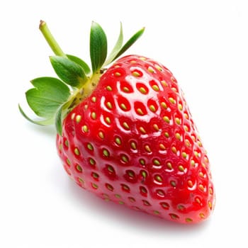 A vibrant red strawberry with green leaves, detailed seeds, isolated on a white background