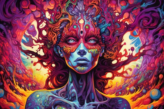 Psychedelic elegance woman with makeup. Female model in colorful outfit and headwear. Generate ai