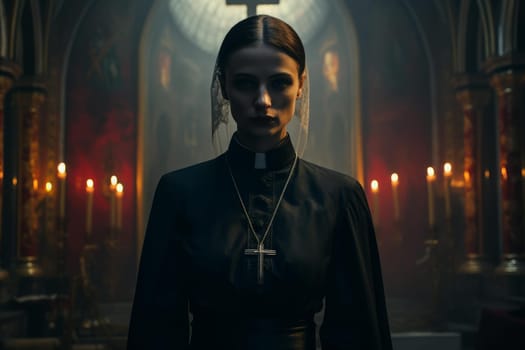 Priest cute woman church. Holy belief. Generate Ai