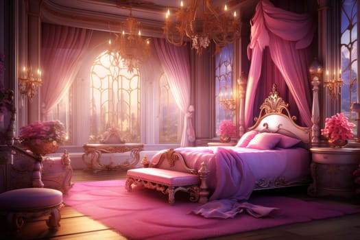 Princess pink bedroom. Interior furniture. Generate Ai