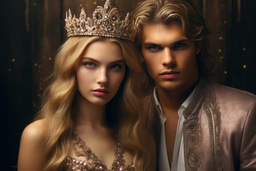 Princess with crown with her prince. Royal fairytale couple. Generate ai