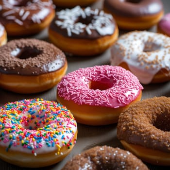 A variety of colorful donuts with different toppings and glazes on a white background