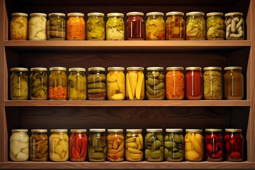 Preserves shelves. Winter kitchen glass. Generate Ai