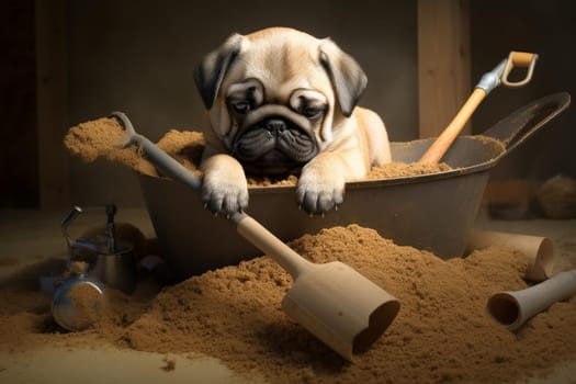 Pug puppy in sandbox doggy. Dog portrait adorable domestic. Generate Ai