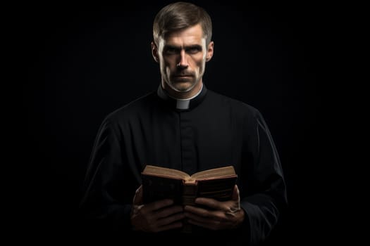 Priest with bible on black background. God religion cross, church pastor. Generate Ai