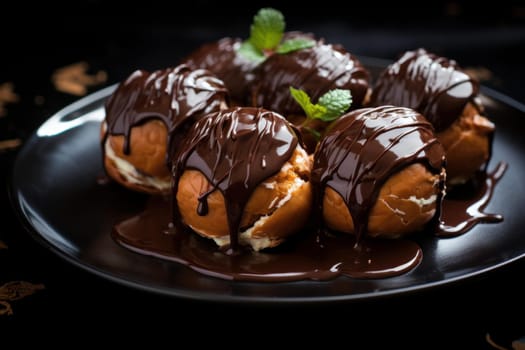 Profiteroles chocolate. Sauce cooking cream. Generate Ai